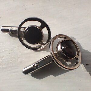 VTG Art Deco Classic Round Wheel Silver Metal Black Onyx CUFFLINKS from SAKS 80s